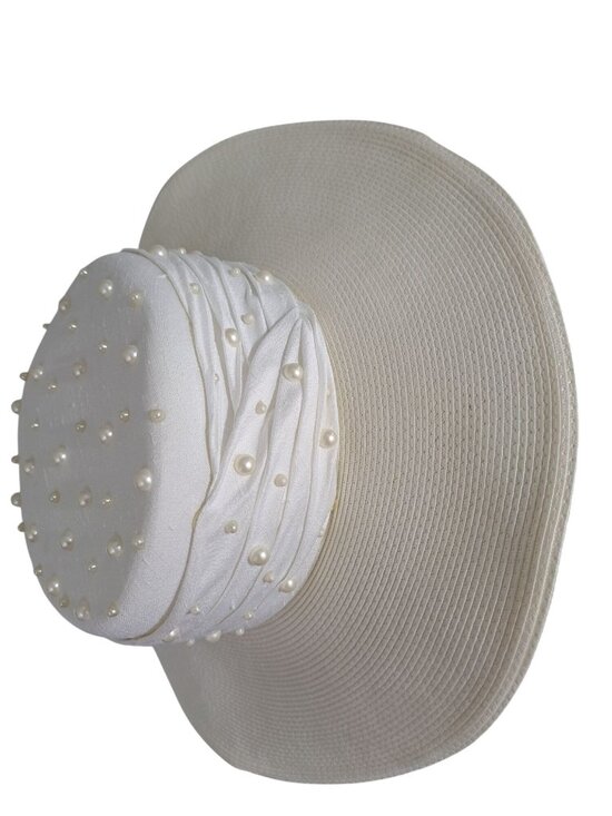 Whittall & Shon Accessories - Whittall & Shon Kentucky Derby Hat White Wide-Brim Church Pearl Accents Formal
